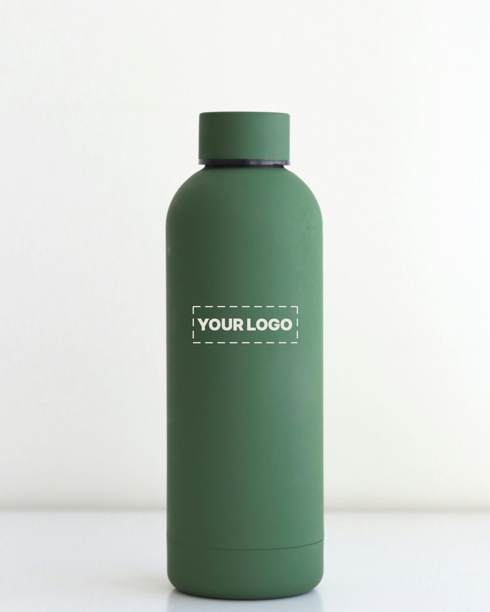 Green steel water bottle with a sample logo engraved